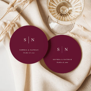 Minimal and Chic Burgundy Wedding Round Paper Coaster