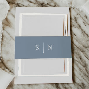 Minimal and Chic   Dusty Blue and White Monogram Invitation Belly Band