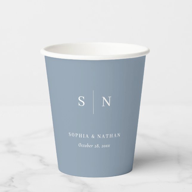 Minimal and Chic | Dusty Blue and White Wedding Paper Cups (Front)