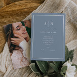Minimal and Chic | Dusty Blue and White with Photo Save The Date<br><div class="desc">These elegant,  modern wedding save the date cards feature a simple dusty blue and white minimalist text design,  with a classic frame at the border. Add your initials or monogram to make them completely your own and add your favourite personal photo on the back.</div>
