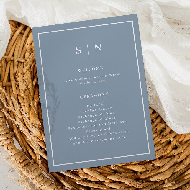 Minimal and Chic Dusty Blue with Border Wedding Programme (A minimal and chic wedding program in dusty blue and white, with your monogram)