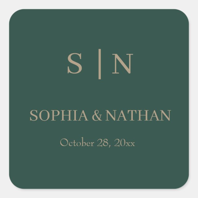Minimal and Chic | Emerald Green and Gold Wedding Square Sticker (Front)