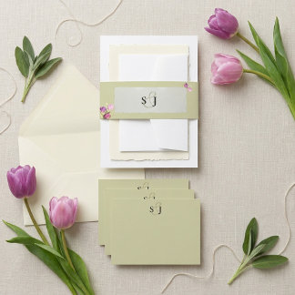 Minimal and Chic Floral Sage Green Monogram Invitation Belly Band