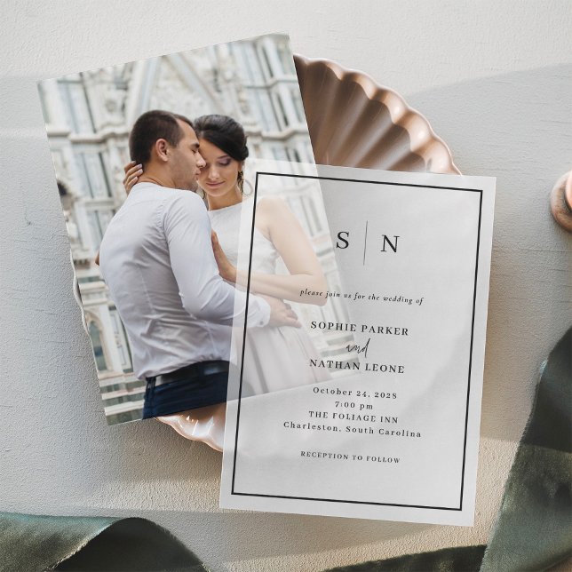 Minimal and Chic | Monogram Black Border Wedding Vellum Invitations (Creator Uploaded)