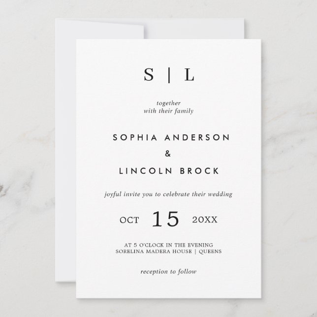 Minimal and Chic | Monogram White and Black  Invitation (Front)