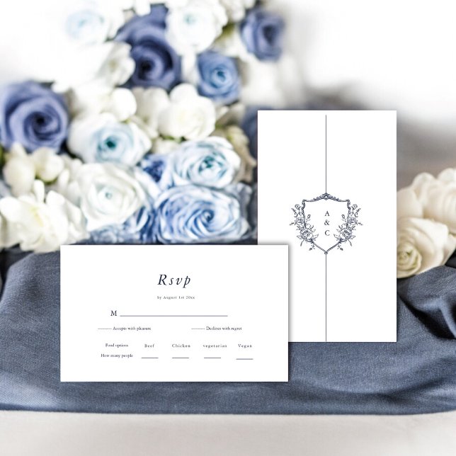 Minimal and Chic | Navy and White Wedding RSVP  Enclosure Card (simple menu choice rsvp card in white with navy text , tie the knot in style )