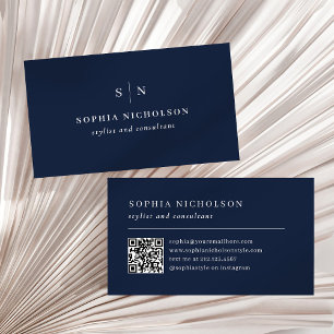 Minimal and Chic Navy Blue Monogram and QR Code Business Card