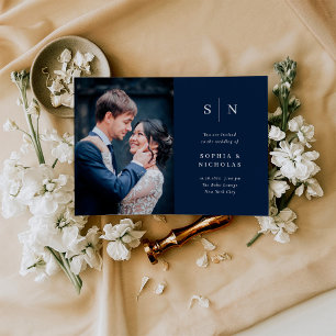 Minimal and Chic   Navy Blue Photo Wedding Invitation