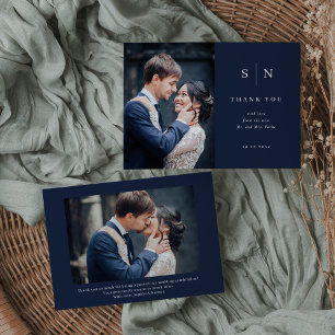 Minimal and Chic   Navy Blue Two Photo Wedding Thank You Card