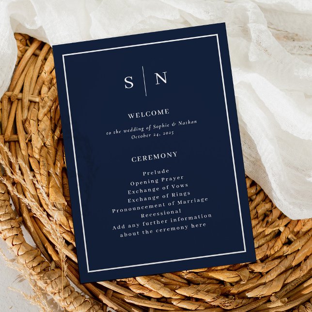Minimal and Chic Navy Blue with Border Wedding Programme (A minimal and chic wedding program in dark navy blue and white, with your monogram)