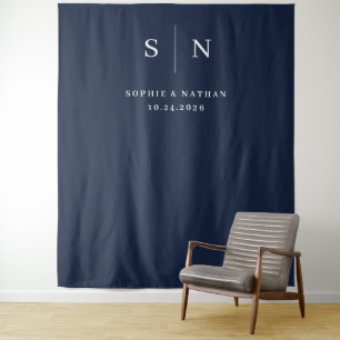 Minimal and Chic Navy Blue with Monogram Wedding Tapestry