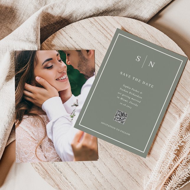 Minimal and Chic | Photo Back and QR Code Wedding Save The Date (An elegant sage green wedding save the date, with a scannable QR code and your photo on the back)