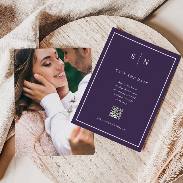 Minimal and Chic | Photo Back and QR Code Wedding Save The Date (A colorful yet classic purple save the date, with a scannable QR code and your photo on the back)