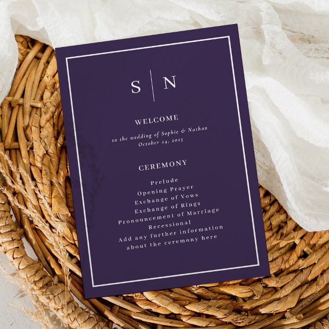 Minimal and Chic Purple | Elegant Border Wedding Programme (A simple and chic wedding program in colorful dark purple and white, with your monogram)