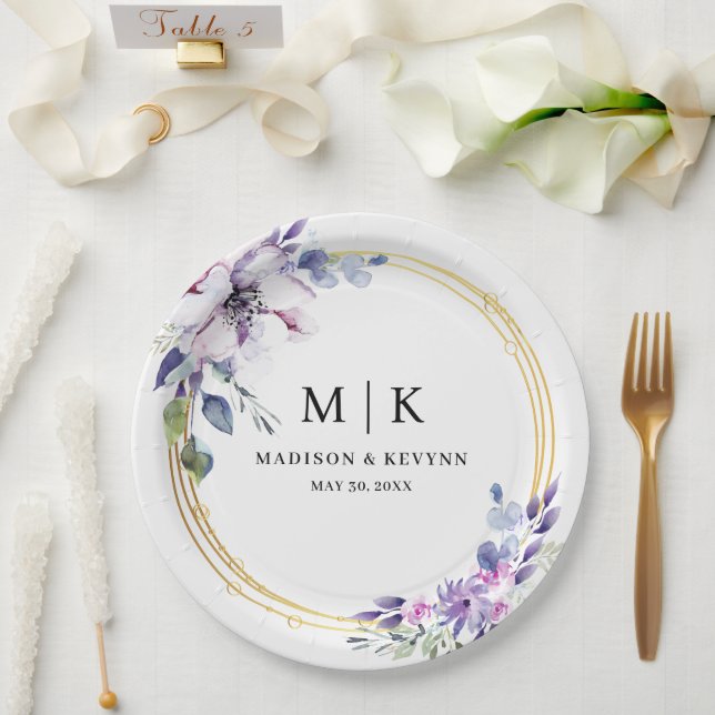 Minimal and Chic Purple Gold Floral | Wedding  Paper Plate (Wedding)