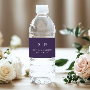 Minimal and Chic Purple Monogram Wedding Water Bottle Label
