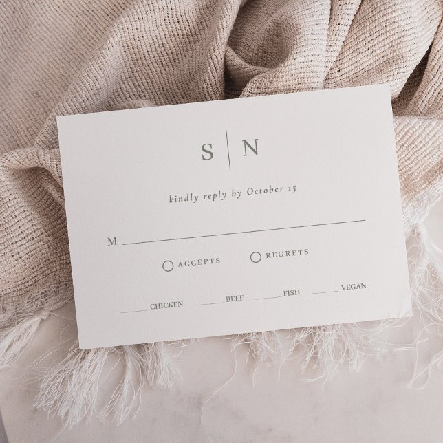 Minimal and Chic Sage Green and White Meal Choice RSVP Card (A simple, sage green and white rsvp with meal choices for your wedding guests to select)