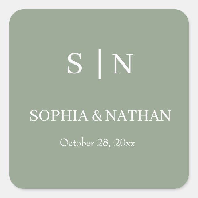 Minimal and Chic | Sage Green and White Wedding Square Sticker (Front)