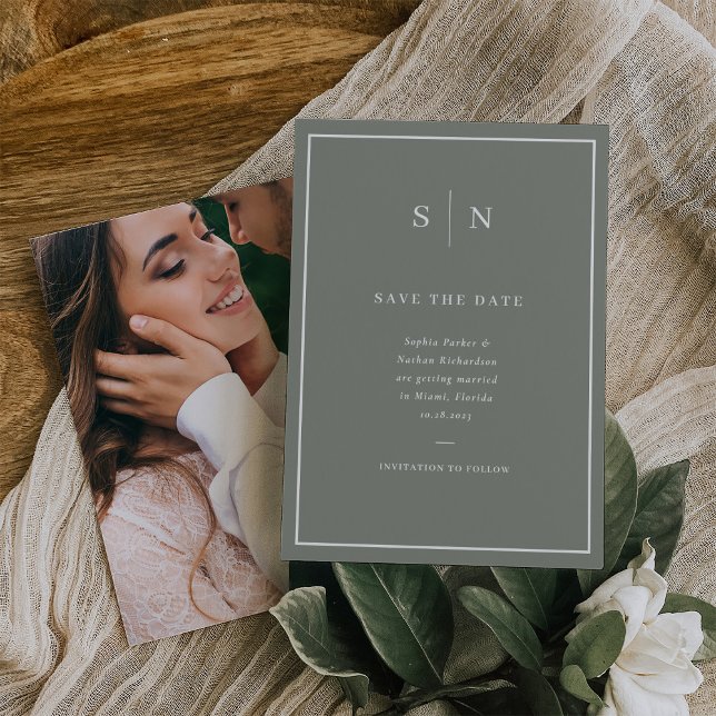 Minimal and Chic | Sage Green and White with Photo Save The Date (An elegant sage green save the date card, with your favorite photo of the two of you on the back)