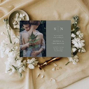 Minimal and Chic   Sage Green Photo Wedding Invitation