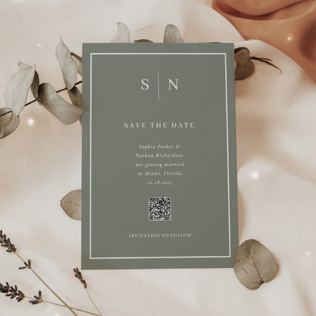 Minimal and Chic Sage Green QR Code Save the Date Magnetic Invitation (A sage green magnetic save the date card, with scannable QR code)