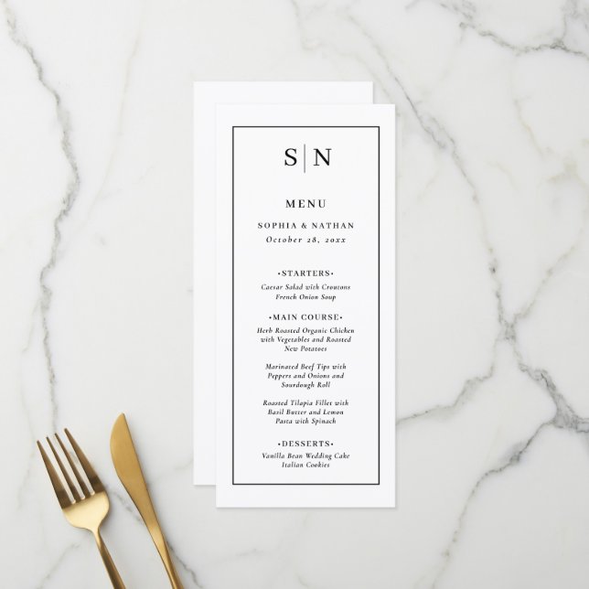 Minimal and Chic | White and Black Wedding Menu (Front/Back In Situ)