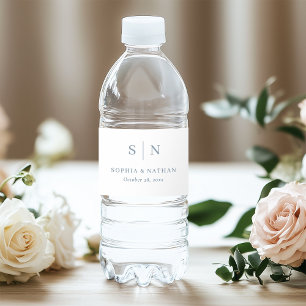 Minimal and Chic White and Blue   Monogram Wedding Water Bottle Label