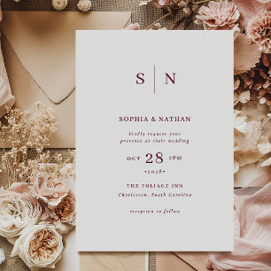 Minimal and Chic White and Burgundy Wedding Invitation