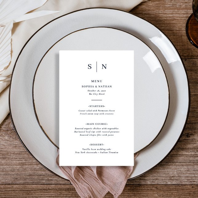 Minimal and Chic | White and Navy Wedding Menu (A modern and minimalist wedding menu, with dark navy blue text on white)
