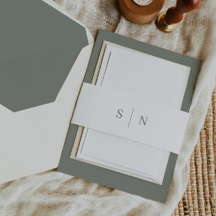 Minimal and Chic White and Sage Green Monogram Invitation Belly Band