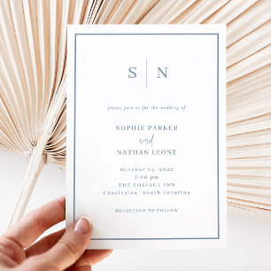 Minimal and Chic   White with Dusty Blue Wedding Invitation