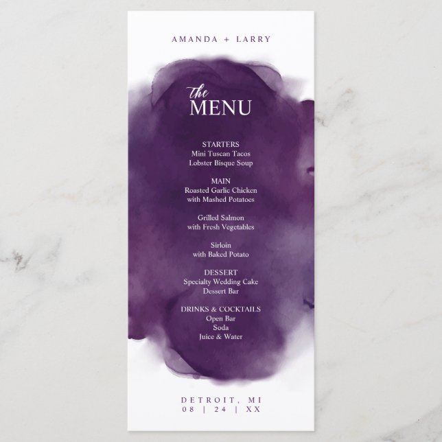 Minimal and Modern Purple Watercolor Menu Card (Front)