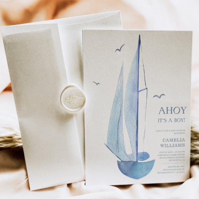 Minimal Aquarelle Sailboat Baby Shower Ahoy Boy's Invitation (Creator Uploaded)