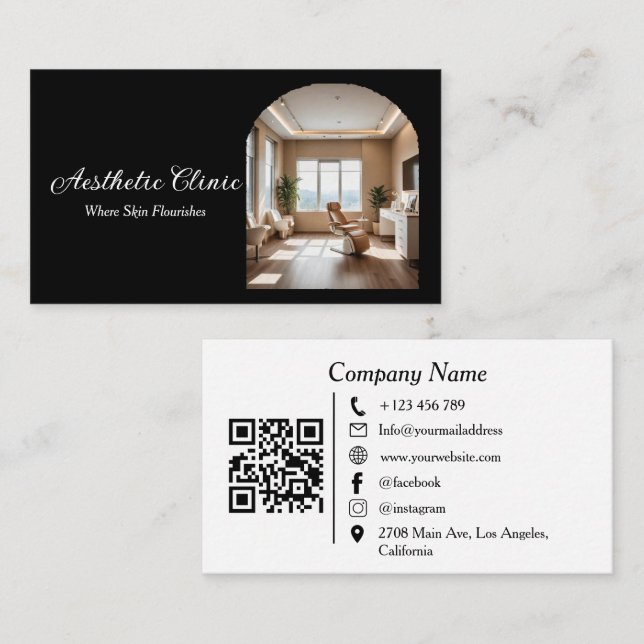 Minimal Arch Aesthetic Clinic QR Code Black White Business Card (Front/Back)
