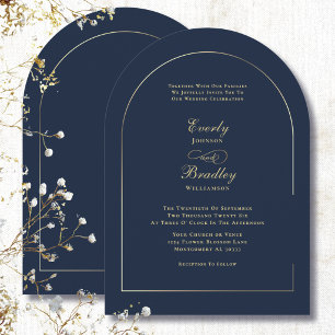 Minimal Arch Navy Gold Elegant Classic Wedding Invitation