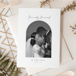 Minimal Arch Photo Black and White Merrily Married Holiday Card