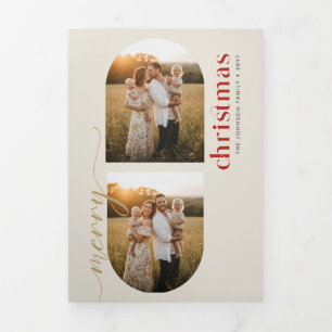 Minimal Arch Photo Gold and Red Family Christmas Tri-Fold Holiday Card