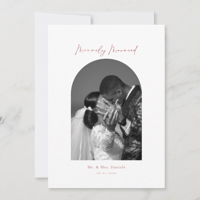 Minimal Arch Photo Red Merrily Married Holiday Card (Front)