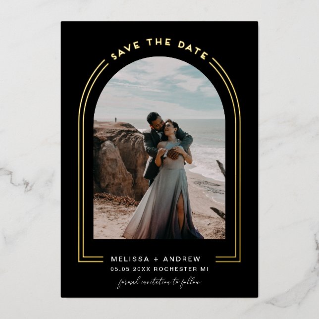 Minimal Arch Save The Date Black Foil Invitation (Front)