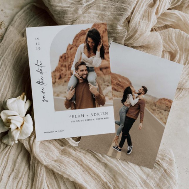  Minimal Arch Save The Date Script Photo Card  (Creator Uploaded)