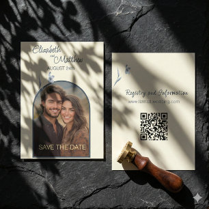 Minimal Arched Blue Floral Cream Photo Wedding Save The Date