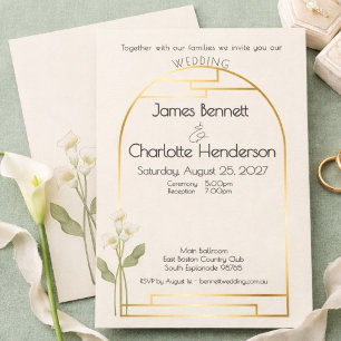 Minimal Art Nouveau Gold Arch Calla Lillie Wedding Invitation