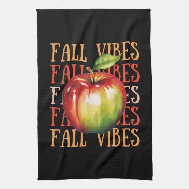 Minimal Autumn Themed | Fall Vibes Black Tea Towel (Vertical)