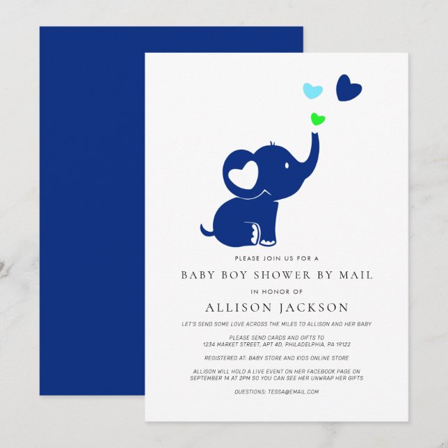 Minimal Baby Boy Shower by Mail Blue Elephant Invitation (Front/Back)
