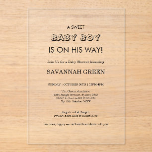 Minimal Baby Boy Shower Typography Design Acrylic Invitations