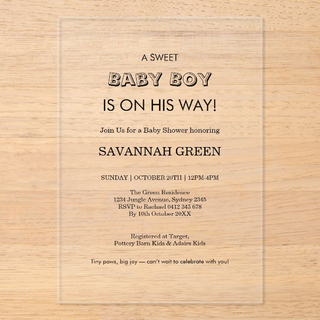 Minimal Baby Boy Shower Typography Design Acrylic Invitations (Front)