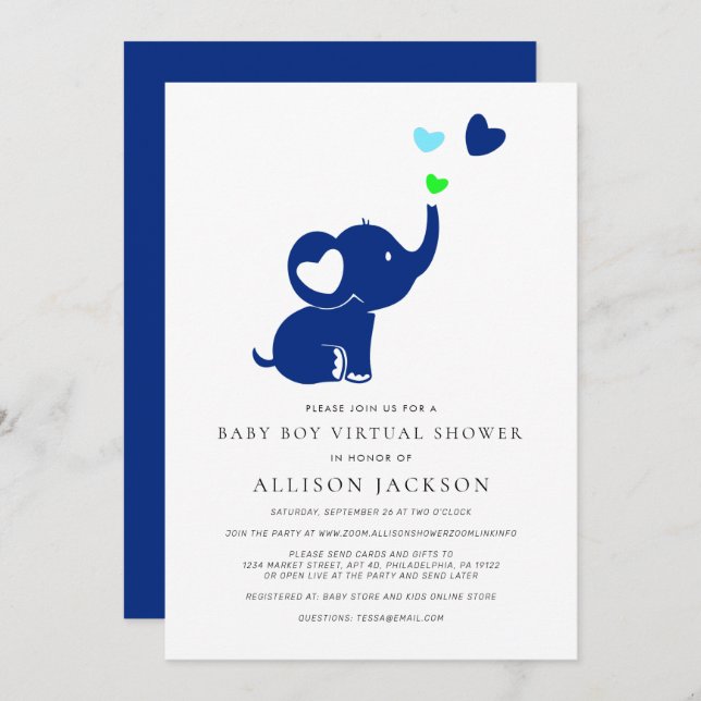 Minimal Baby Boy Virtual Shower Blue Elephant Invitation (Front/Back)