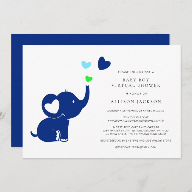 Minimal Baby Boy Virtual Shower Cute Blue Elephant Invitation (Front/Back)