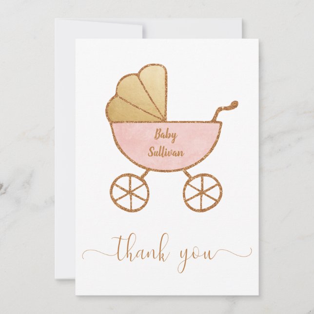 Minimal Baby Girl Shower Retro Carriage Pink Gold Thank You Card (Front)