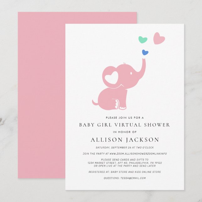 Minimal Baby Girl Virtual Shower Pink Elephant Invitation (Front/Back)